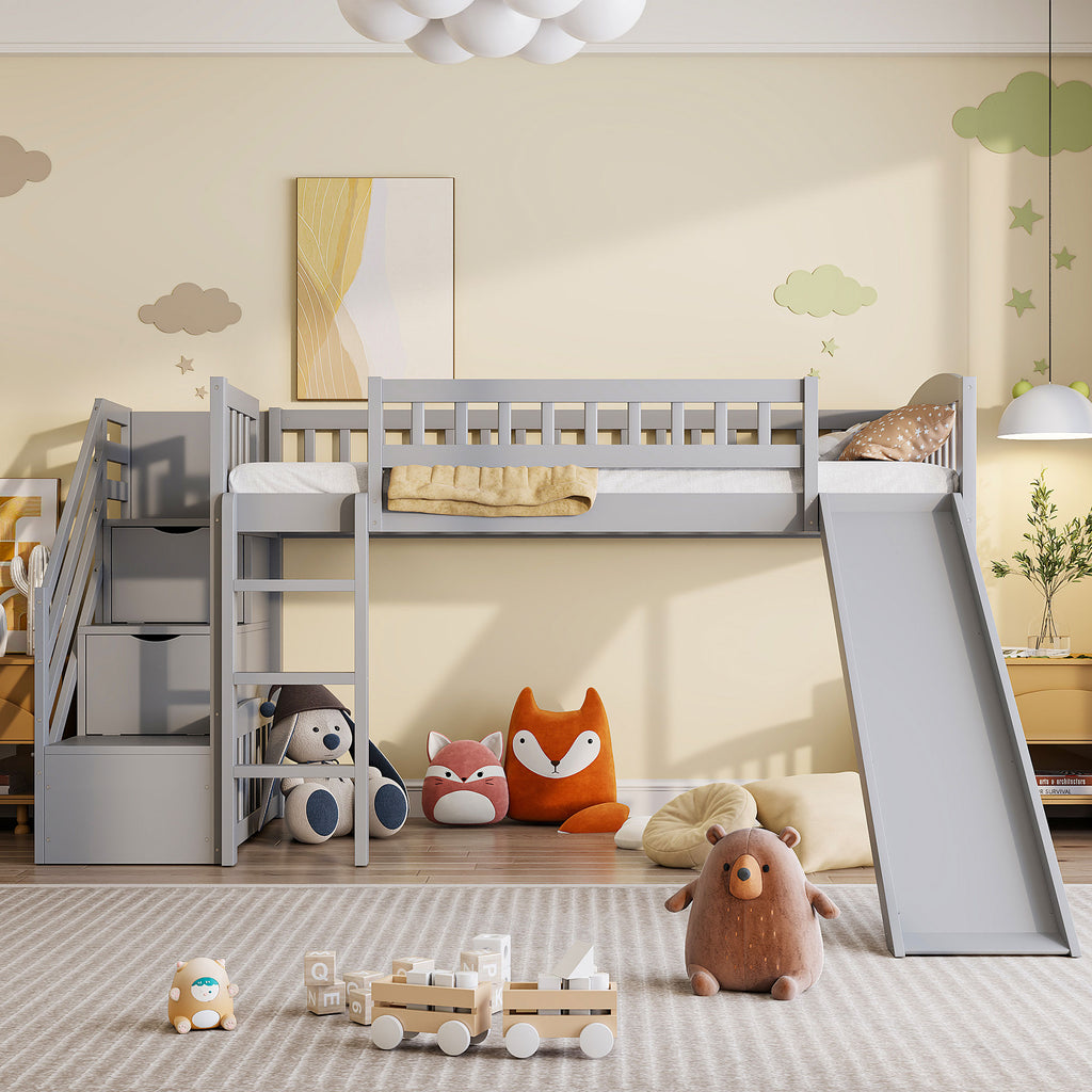 Stairway Twin Size Loft Bed with Two Drawers and Slide, Gray