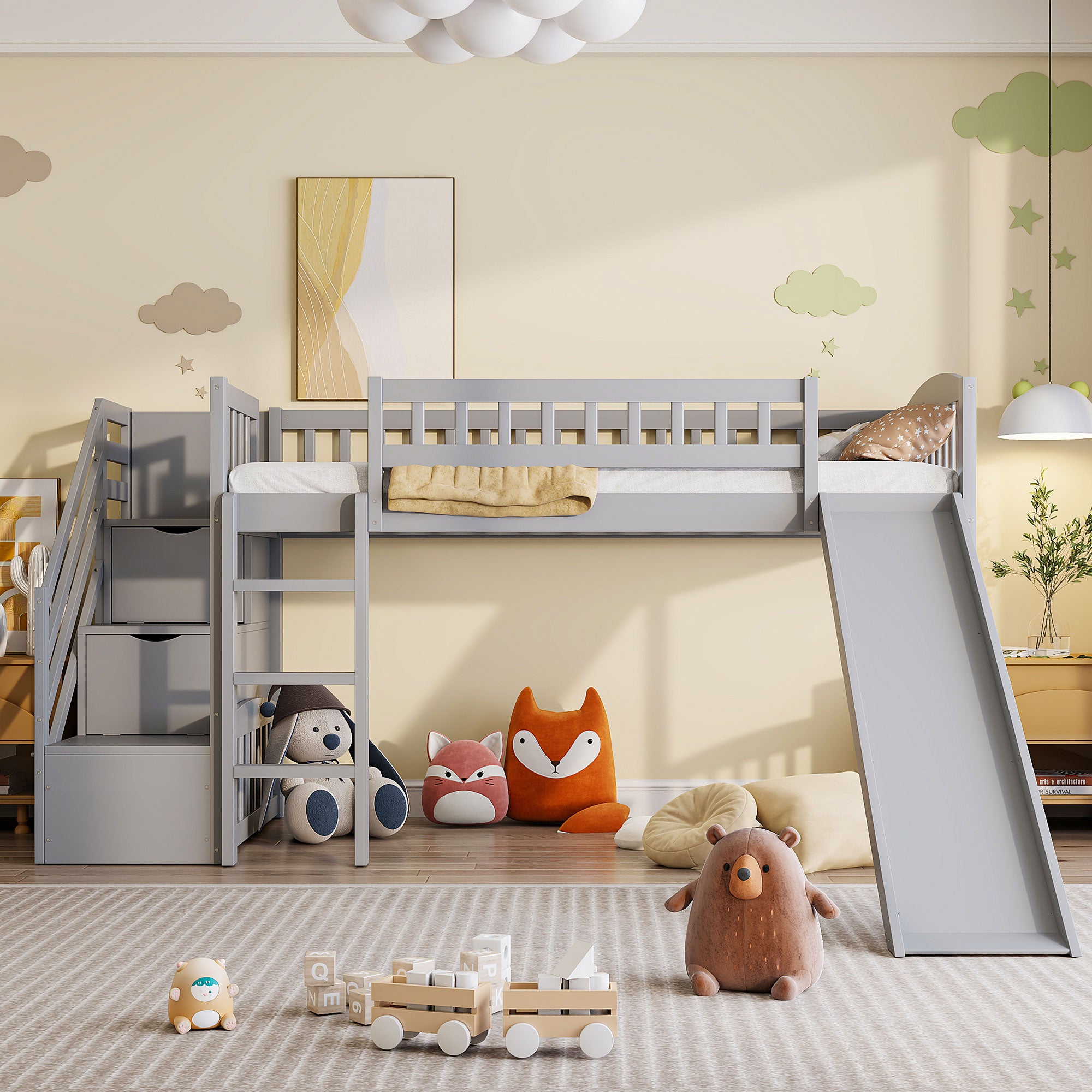 Stairway Twin Size Loft Bed with Two Drawers and Slide, Gray