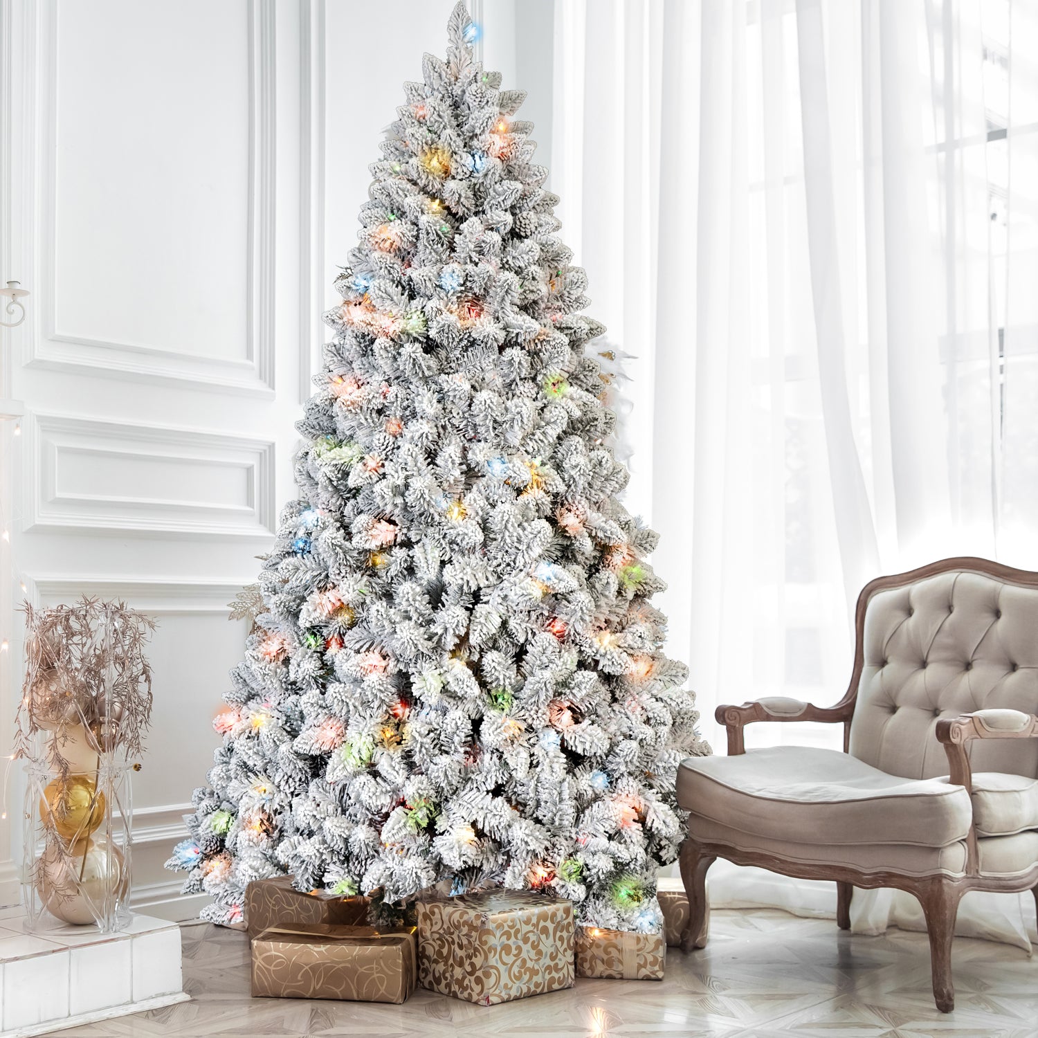 4FT Flocked Christmas Tree with 150 Colorful UL Lights and 21 Pine Cones