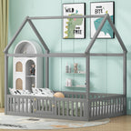 Full Size Wood House Bed with Fence and Door