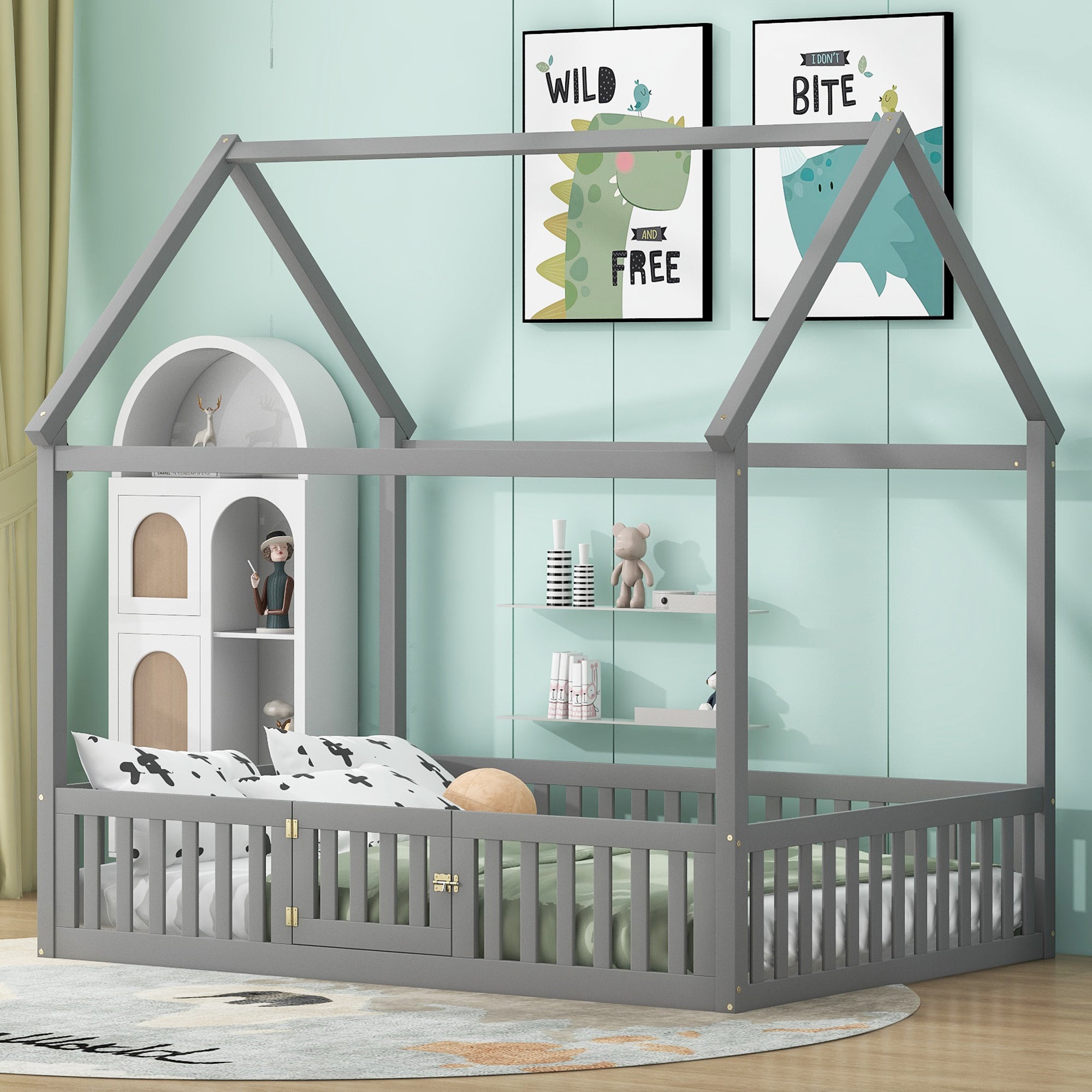 Full Size Wood House Bed with Fence and Door