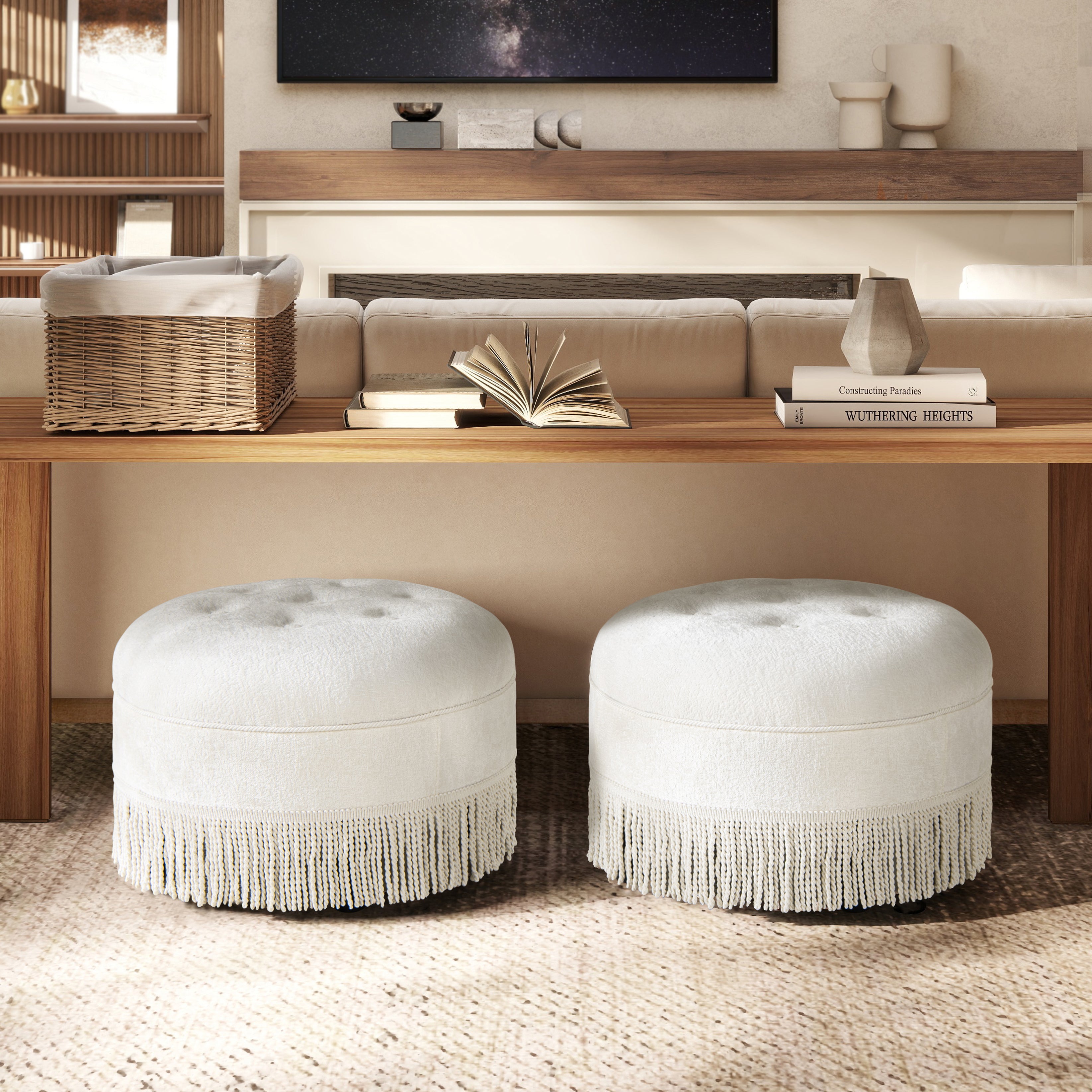 Yolanda 24" Round Upholstered Accent Ottoman, Almond