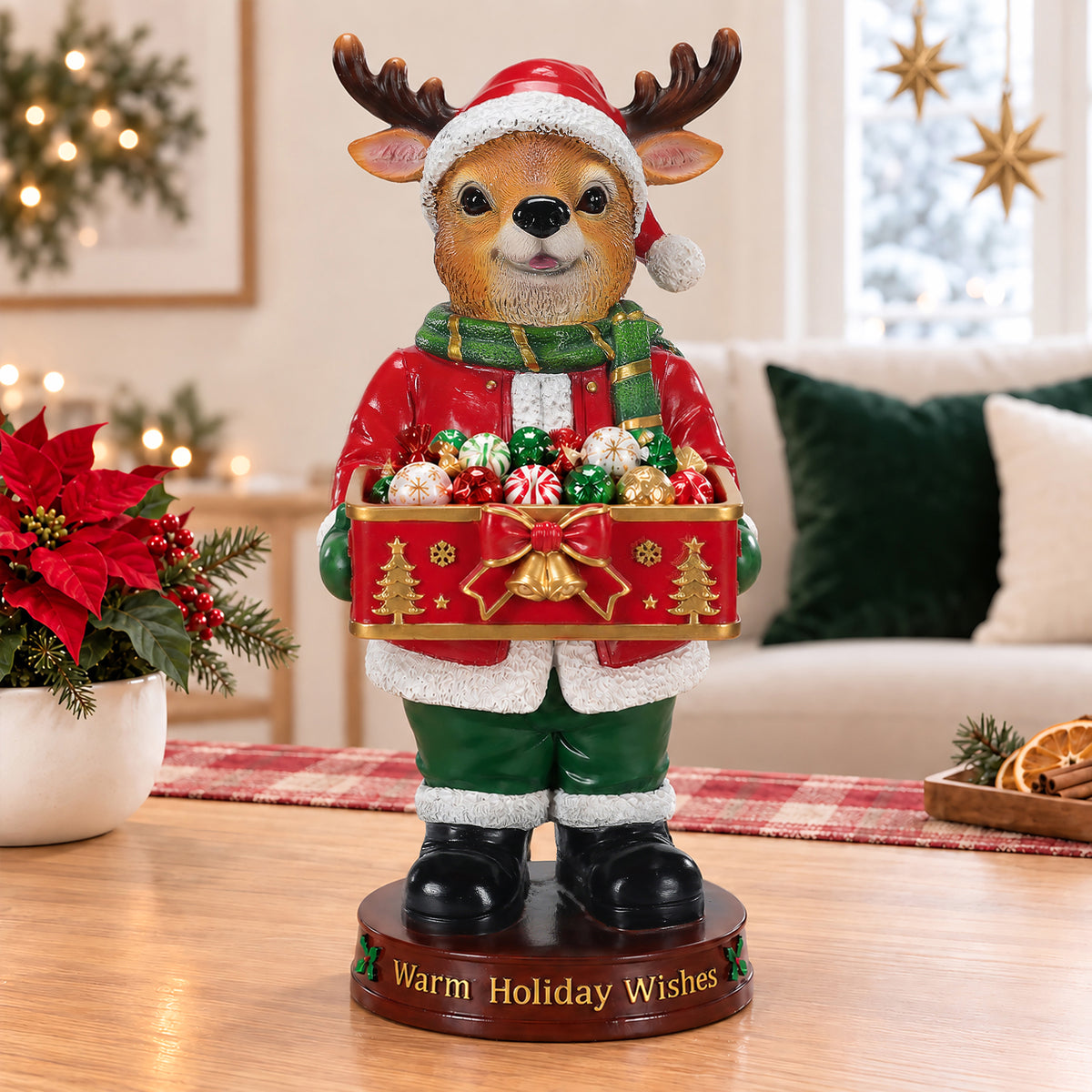 Christmas Reindeer Statue with Storage Tray, Red Resin, 18.5 Inches Tall