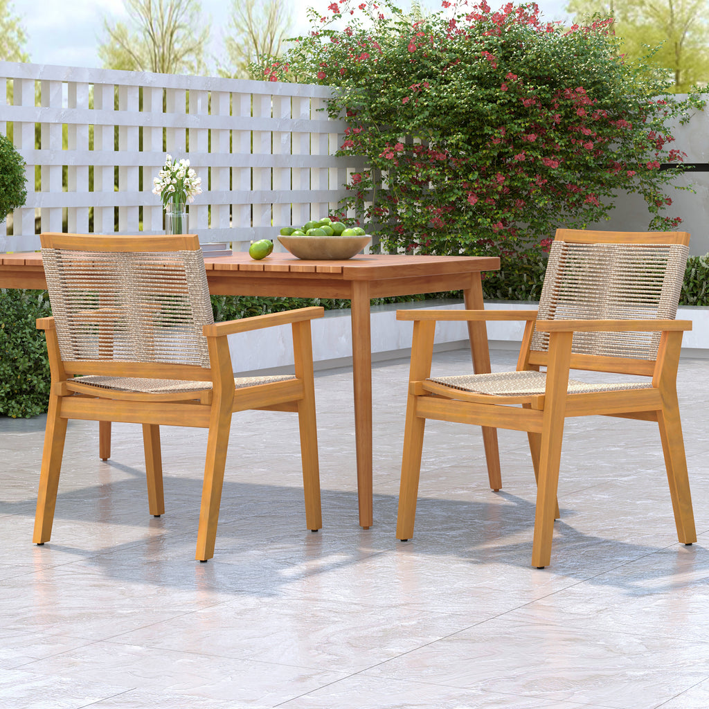 Outdoor Dining Chairs Set of 2, Teak Finish Wood Frame and Mix