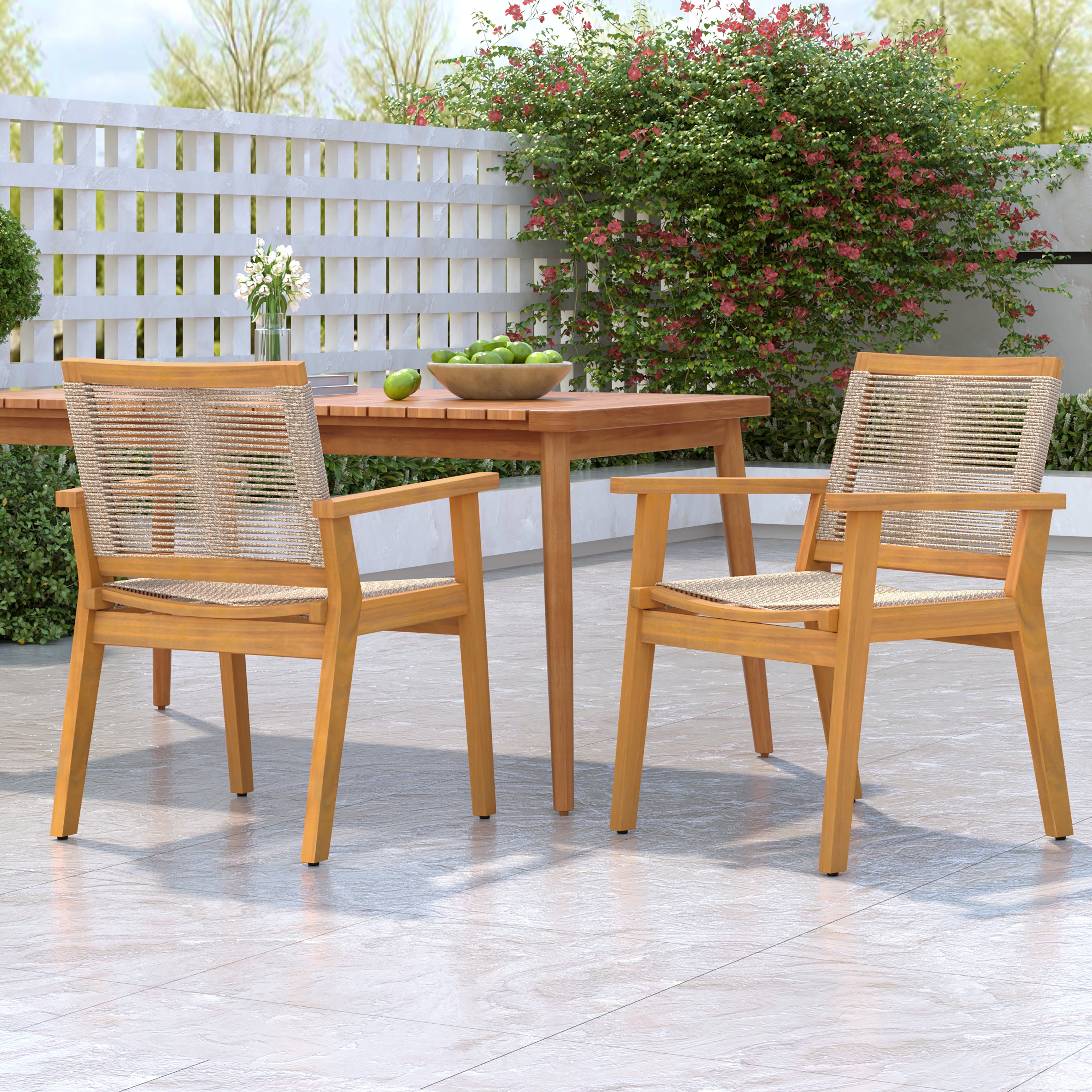 Outdoor Dining Chairs Set of 2, Teak Finish Wood Frame and Mix