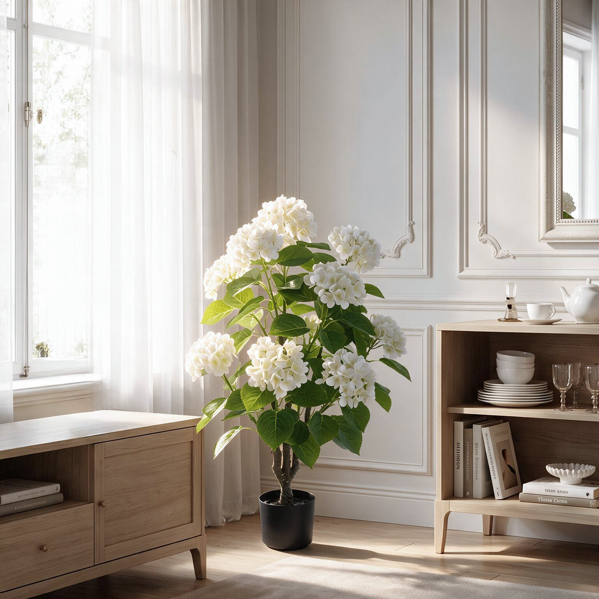 3-Foot Artificial White Hydrangea Plant in Black Pot