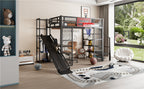 Full Size Metal Loft Bed with Built-in Desk, Open Wardrobe, Basketball Hoop, Slide and Staircase