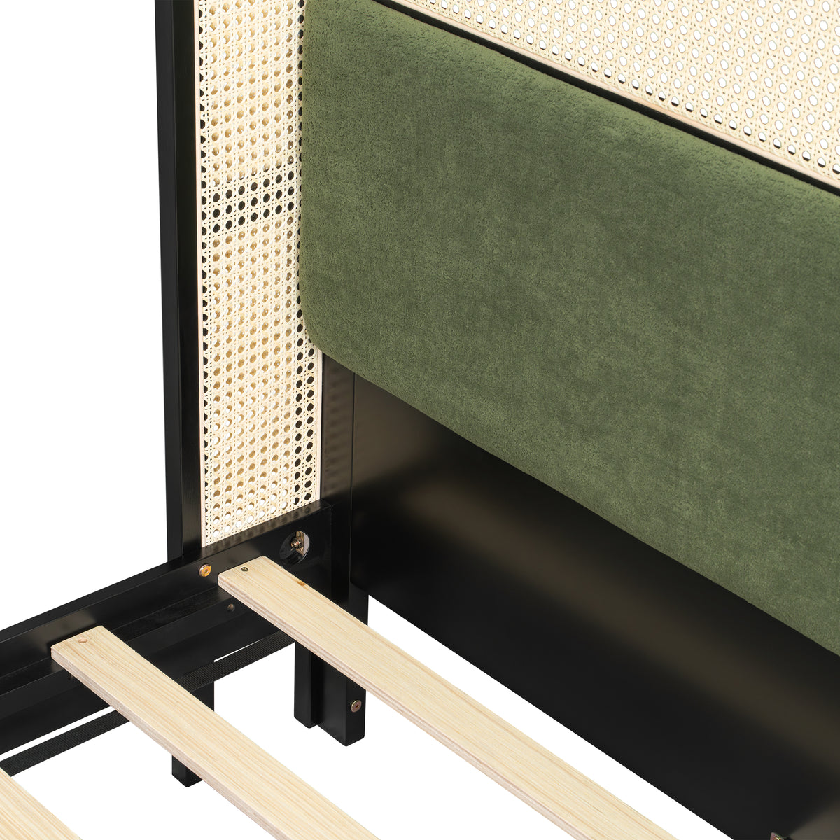 Queen Size Bed Frame with Green Upholstered Headboard