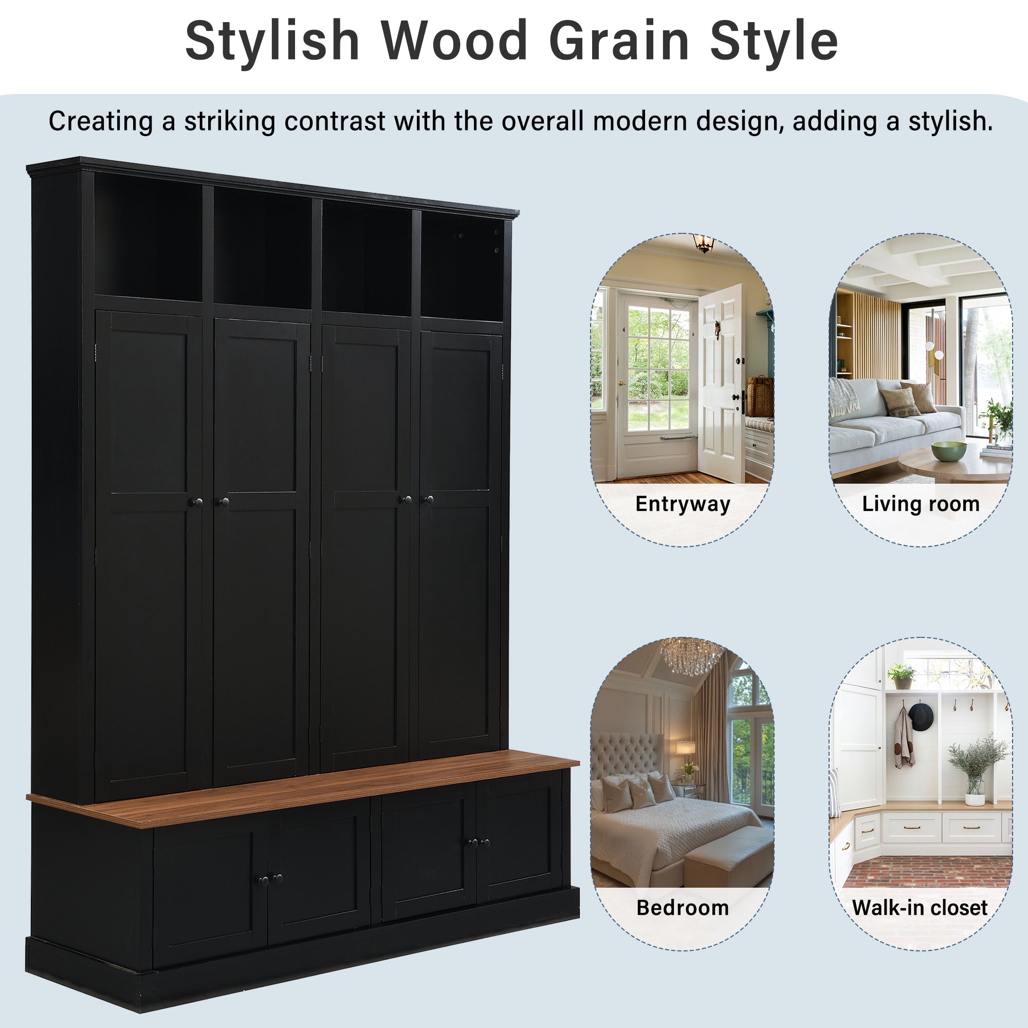 VIBE HAUS 76.7''H Farmhouse Hall Tree with Bench and Cabinet