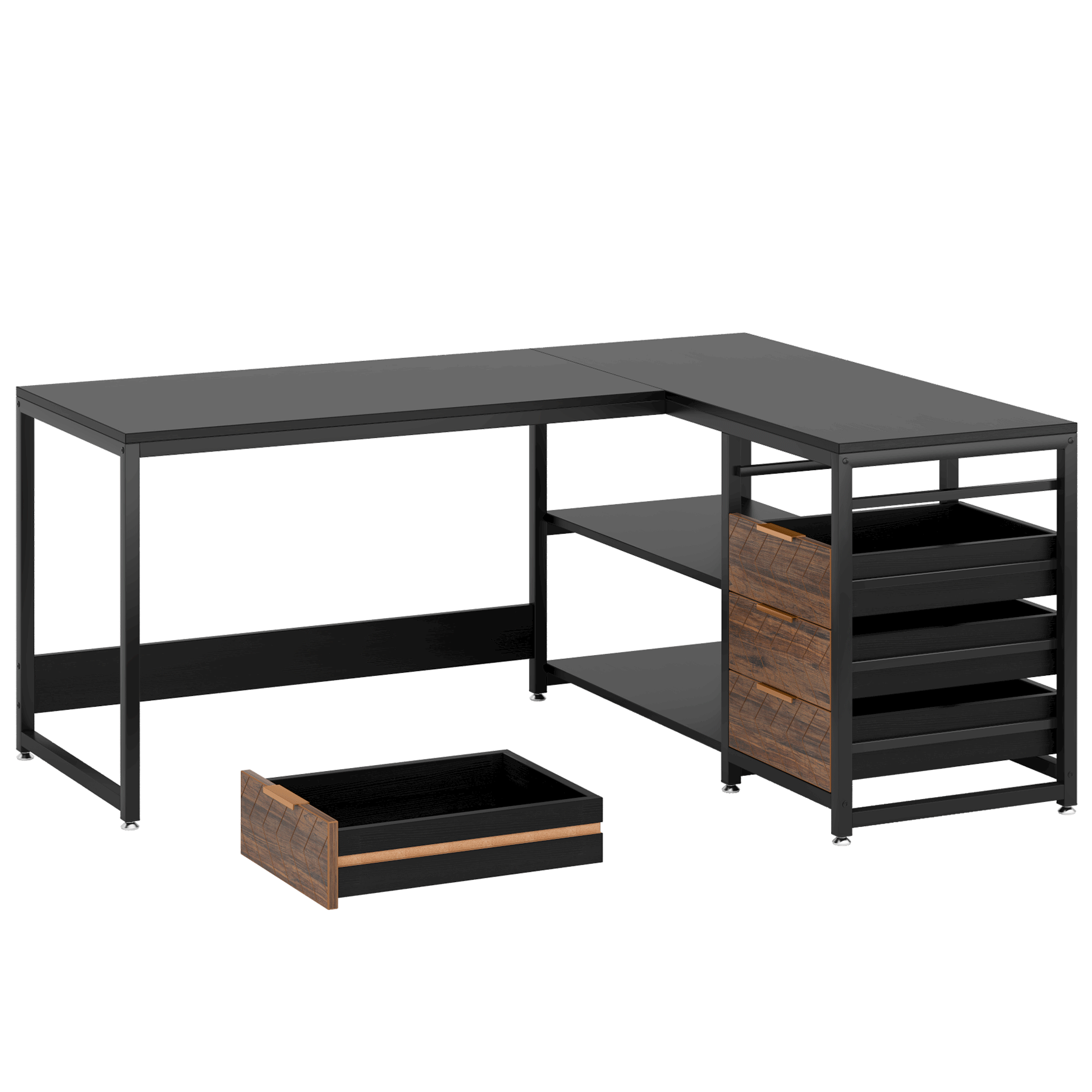 59 Inches L-Shaped Computer Desk with Drawers and Storage Shelves