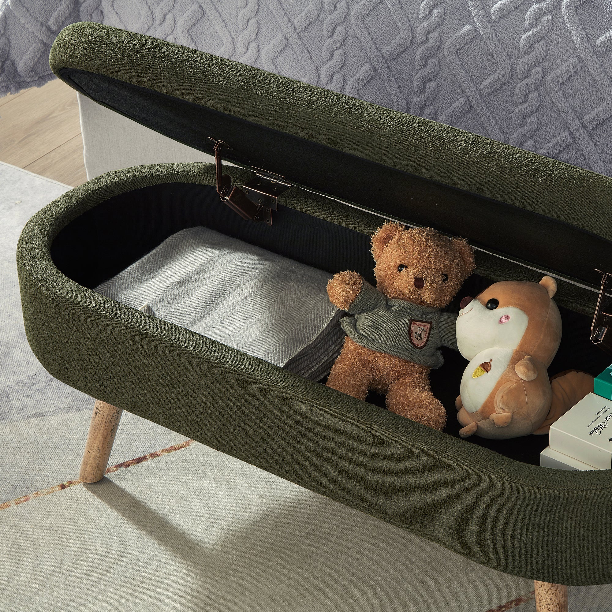 Luxury Oval Boucle Storage Ottoman Bench