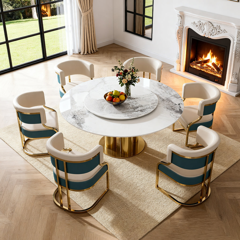 59" Round Sintered Stone Dining Table Set with Lazy Susan