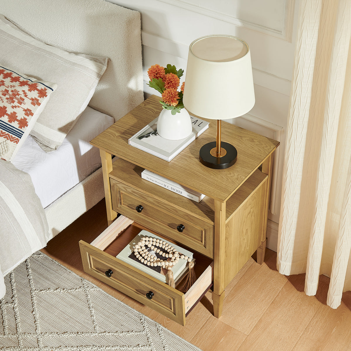Wooden Bedside Nightstand with Open Cubby & 2 Storage Drawers, Freestanding Bedroom Side Cabinet for Bedside & Living Room Use