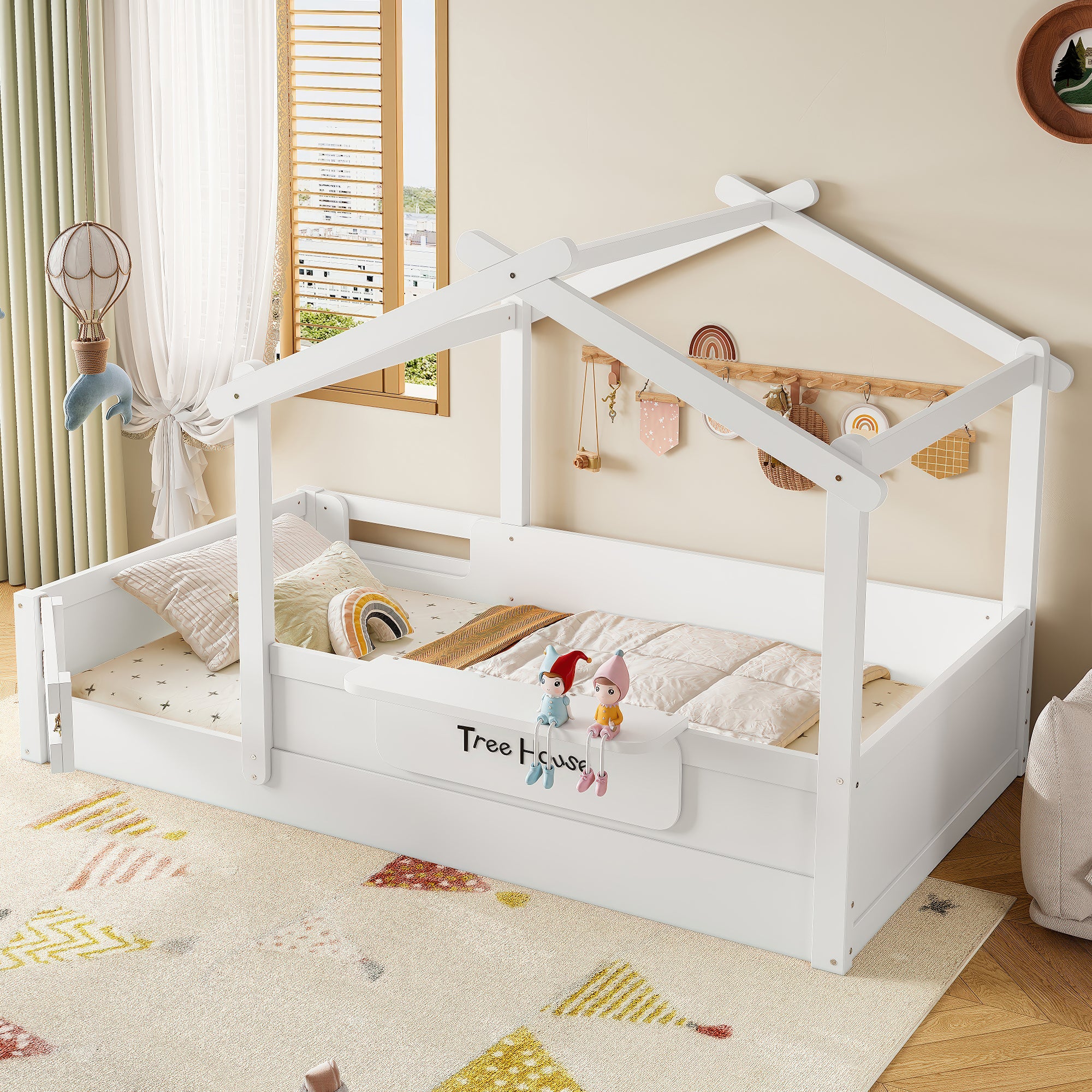 Twin Size Floor Bed with Guardrails and Roof