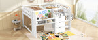 Full Size Low Loft Bed with Built-in Desk, Storage Cabinets and Open Bookcase
