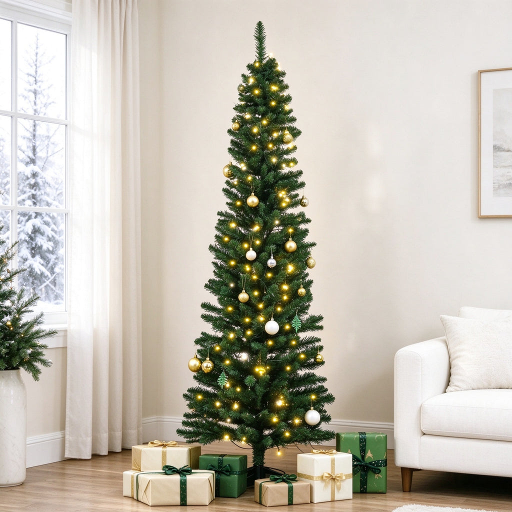 6 FT Pre-Lit Slim Noble Fir Pencil Christmas Tree, 390 Branch Tips, Warm White LED