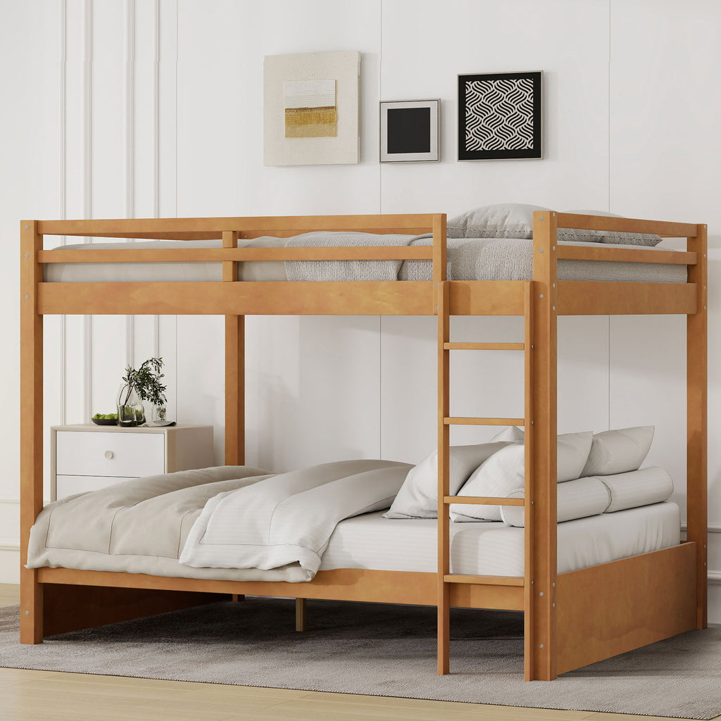 Wood Queen Size Bunk Bed with Ladder, Wood Color