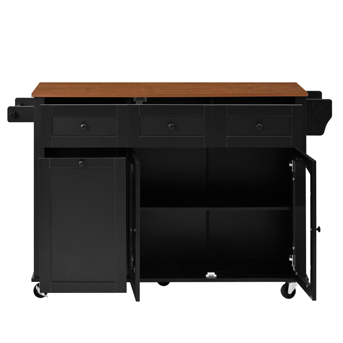 54.2" Mobile Kitchen Island with Glass Door Storage & Trash Bin Cabinet