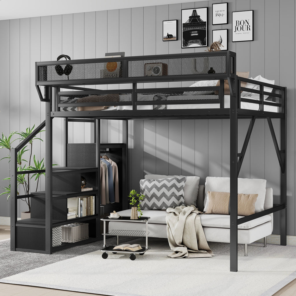 Full Size Loft Bed with Stairs and Storage Shelves