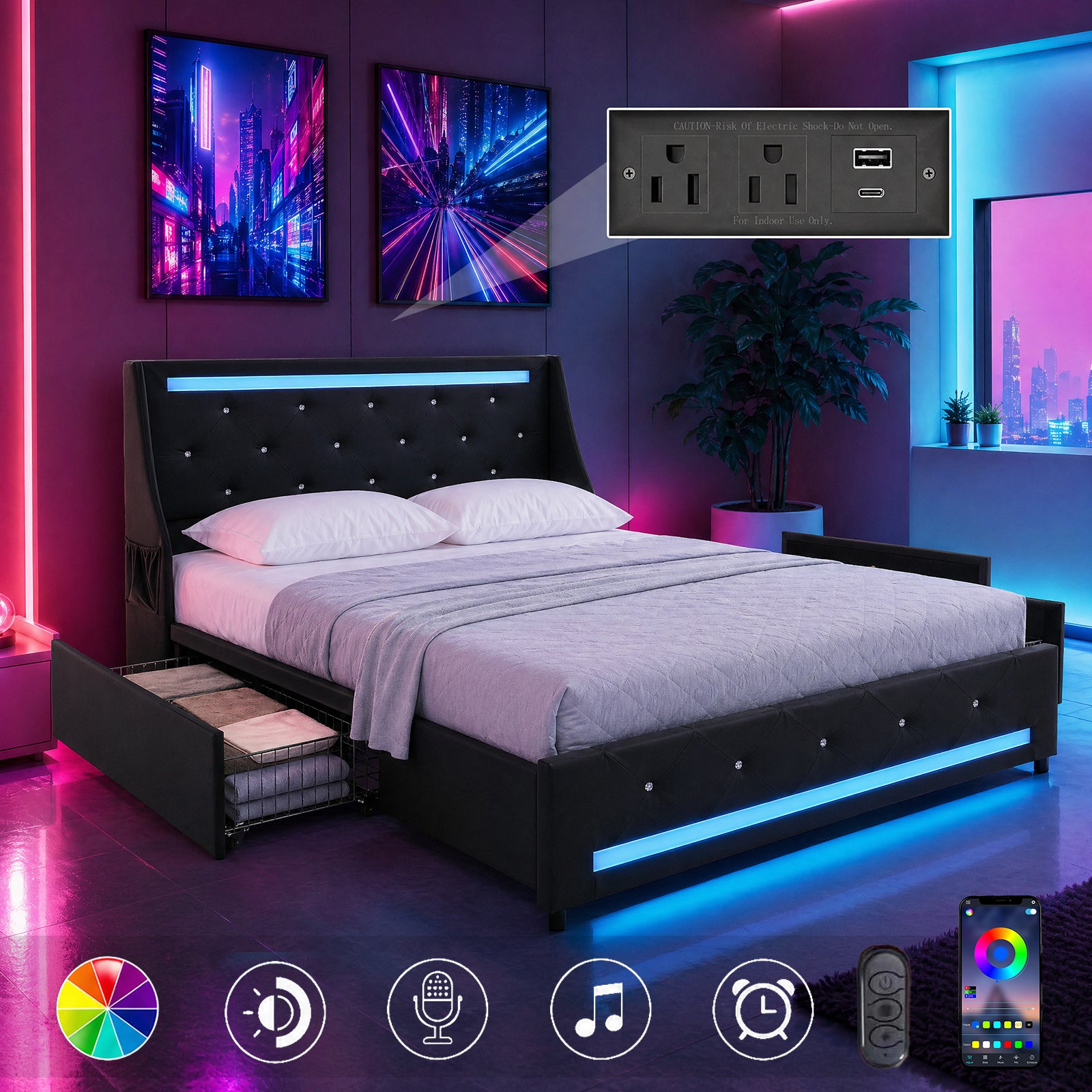 Queen Size Bed Frame with Wingback Upholstered Diamond Headboard