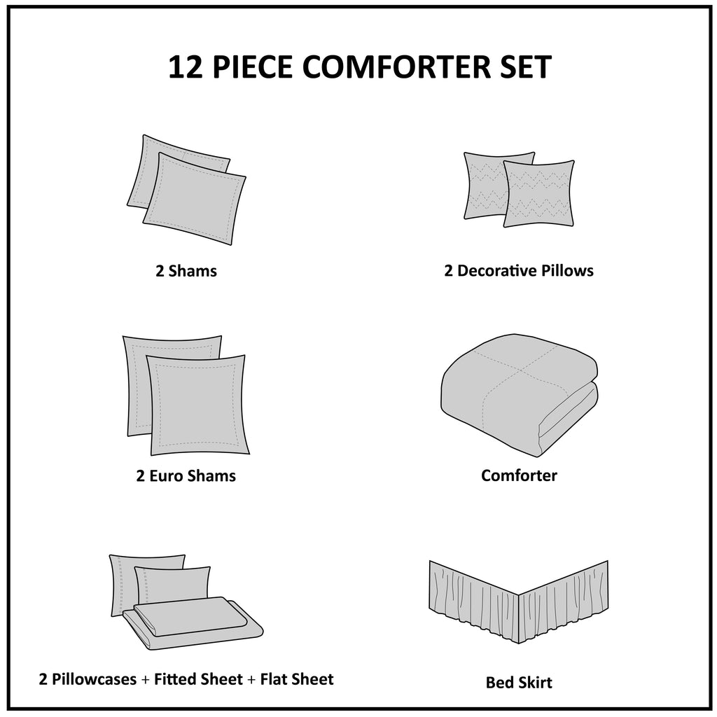 12 Piece Jacquard Comforter Set with Bed Sheets Khaki Cal King