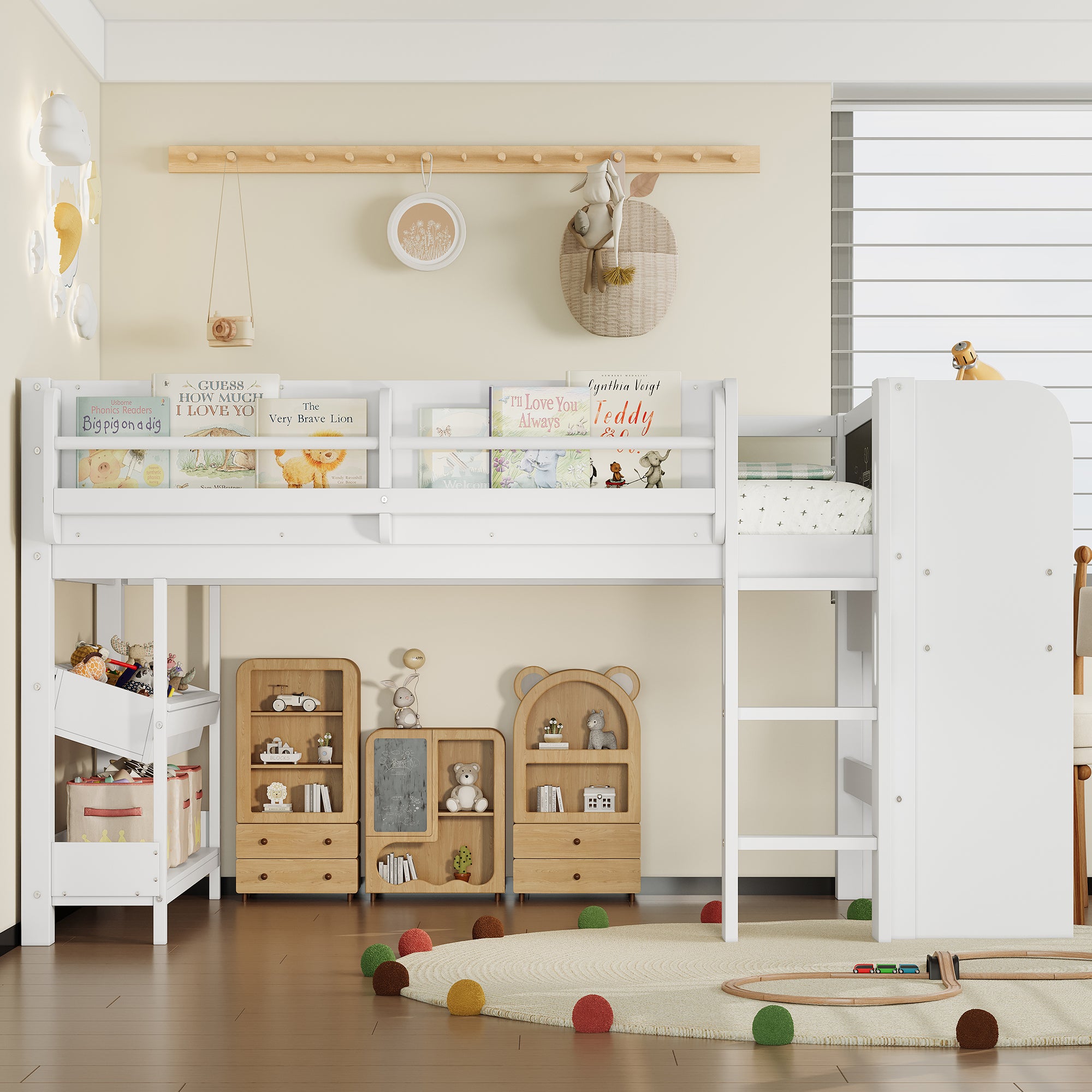Twin Loft Bed with Multi-Storage Bookcases, Boxes and Drawers
