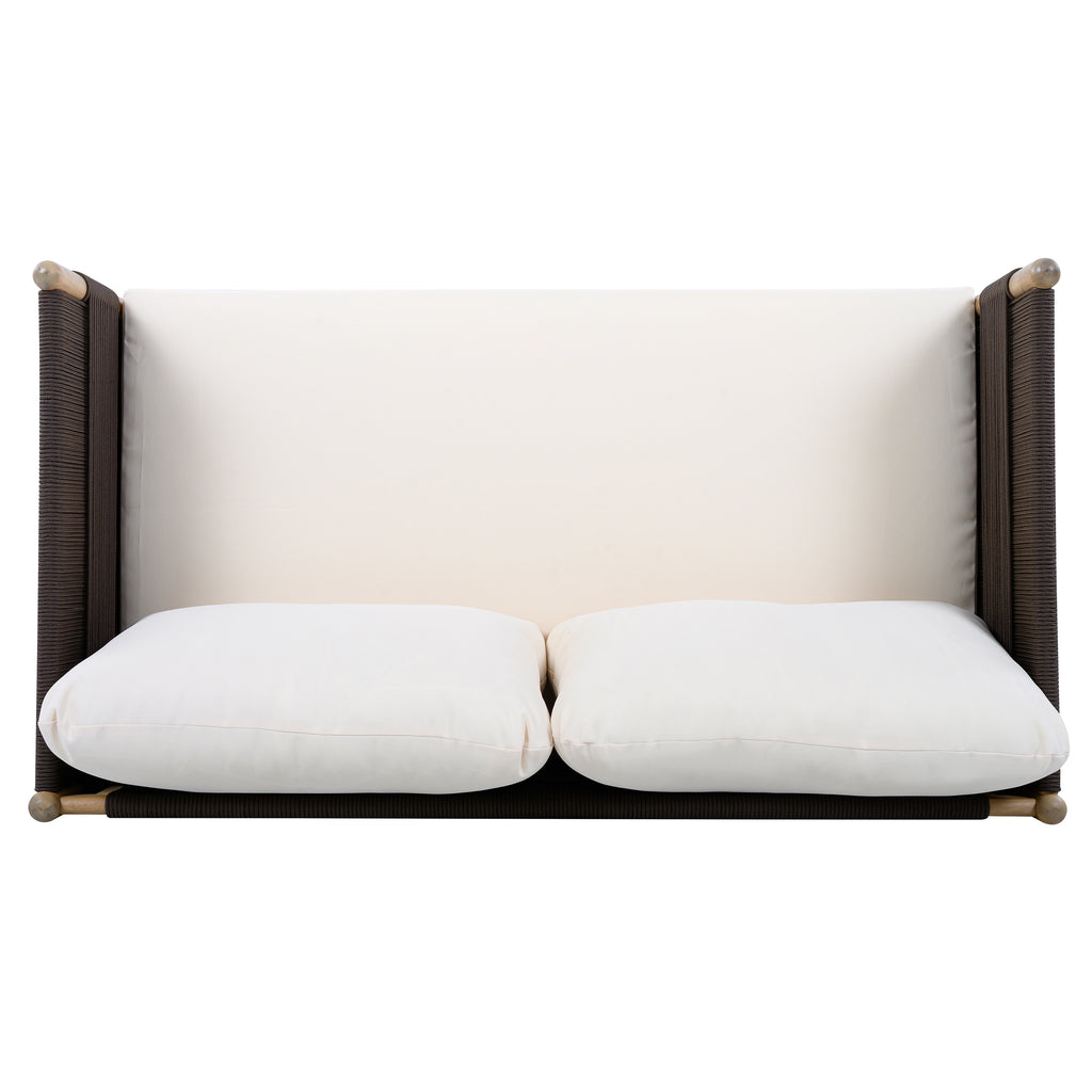 Outdoor Acacia Wood Loveseat with Diamond Rope Weave & Cushions, Light Teak