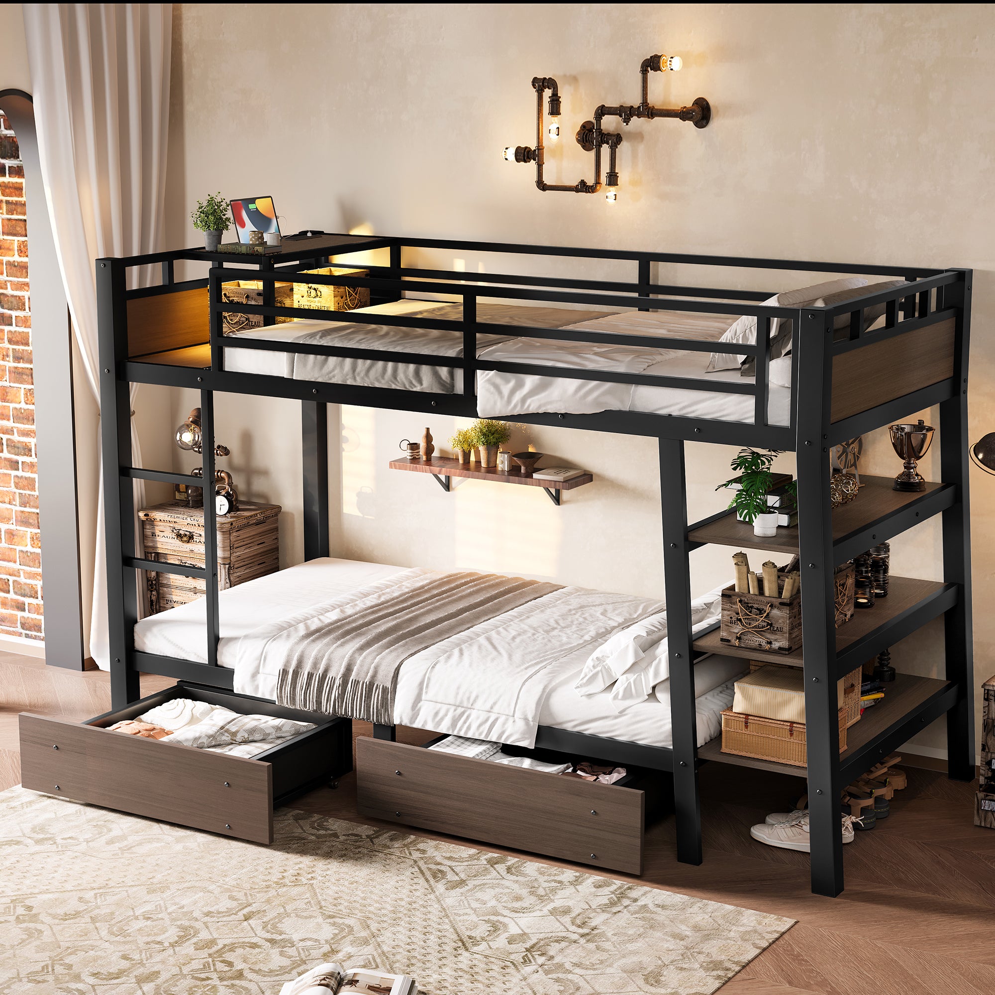 Twin Size Metal Bunk Bed with Storage Shelves and USB Power