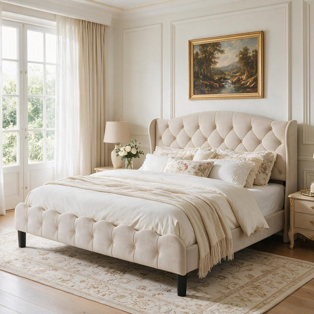 King Size Upholstered Platform Bed Frame with Velvet Tufted Headboard