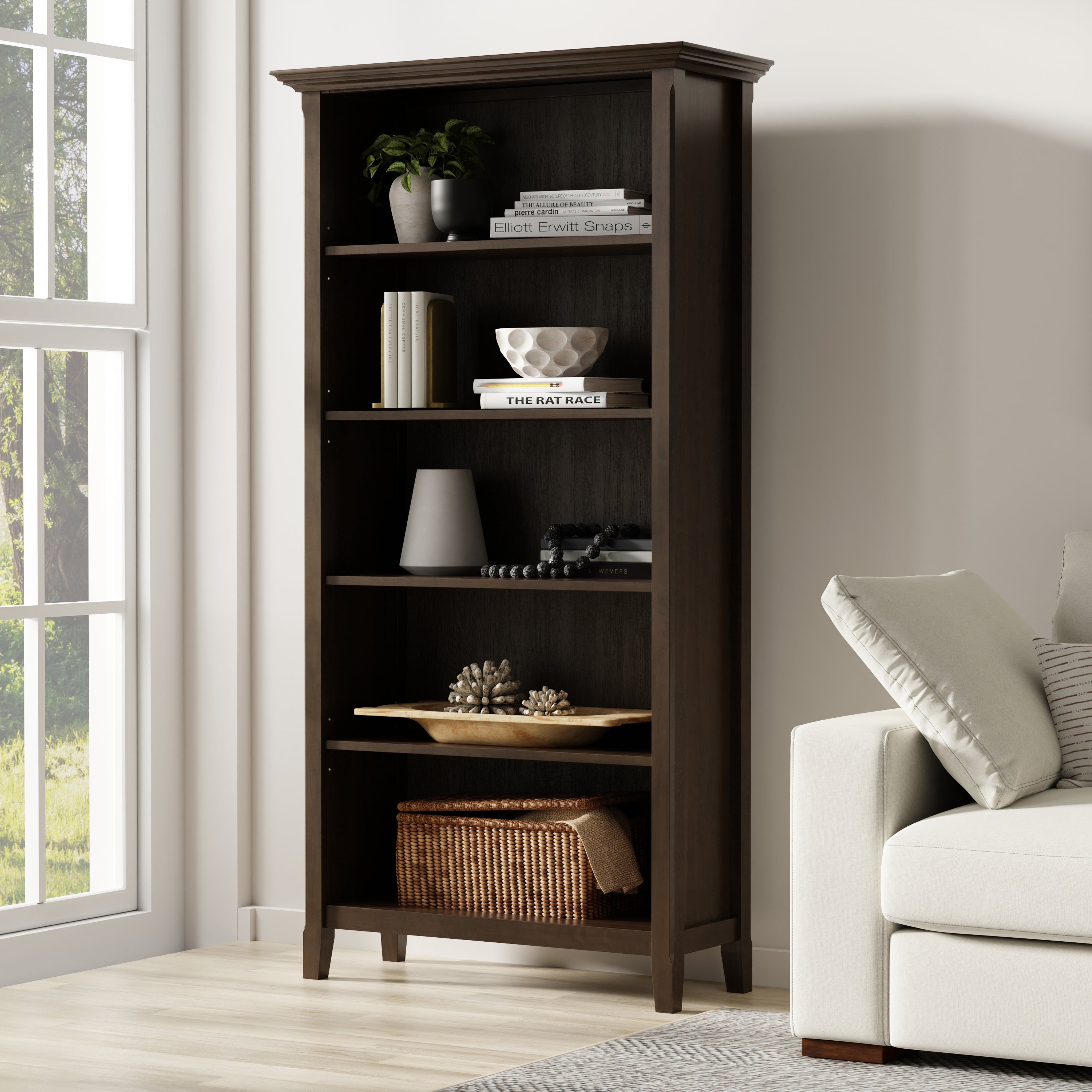 Amherst 36 Inch Solid Wood 5 Shelf Bookcase in Hickory