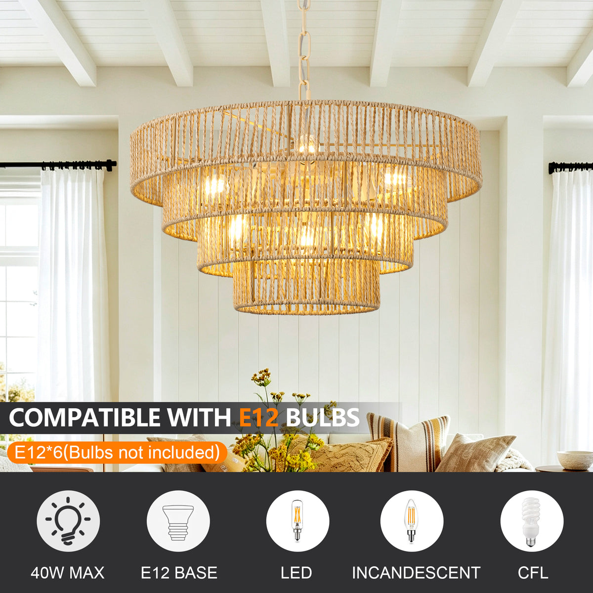 19.69" Tiered Glass Chandelier, 6-Light B12 Socket Pendant Light