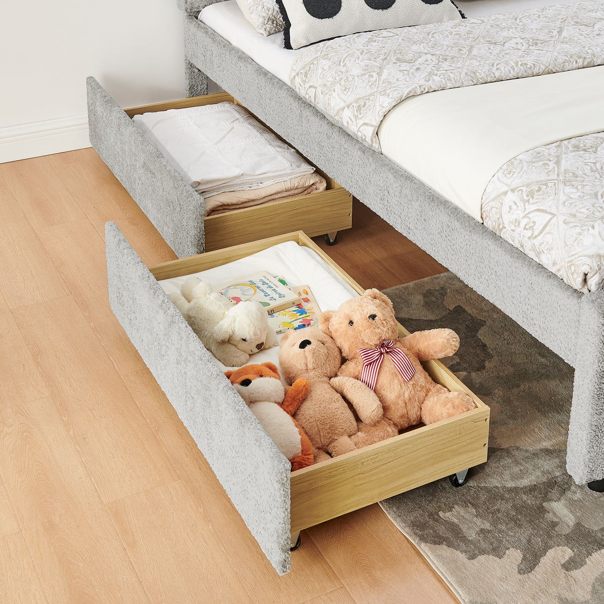 Queen Vertical Channel Tufted Upholstered Bed, Grey Chenille, Storage Drawers & Pull-Out Trundle