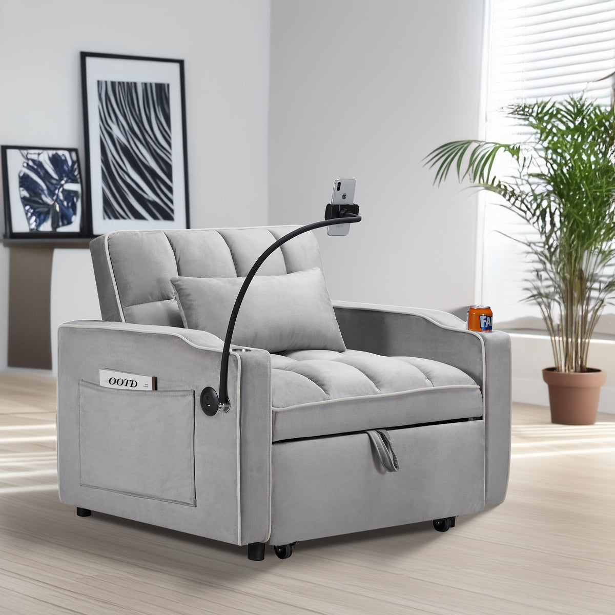Convertible Sleeper Chair Sofa Bed, Grey Velvet, 42-Inch, 3-in-1
