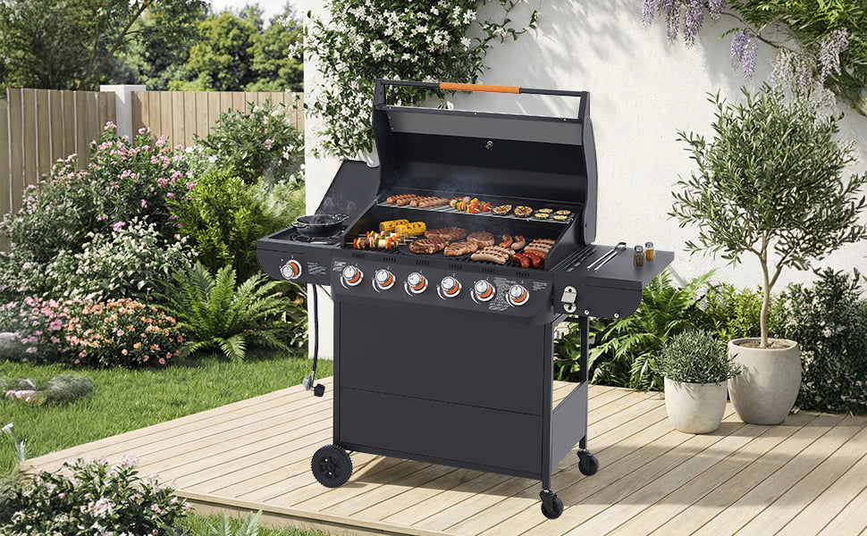 6 Burner BBQ Propane Gas Grill with Side Burner
