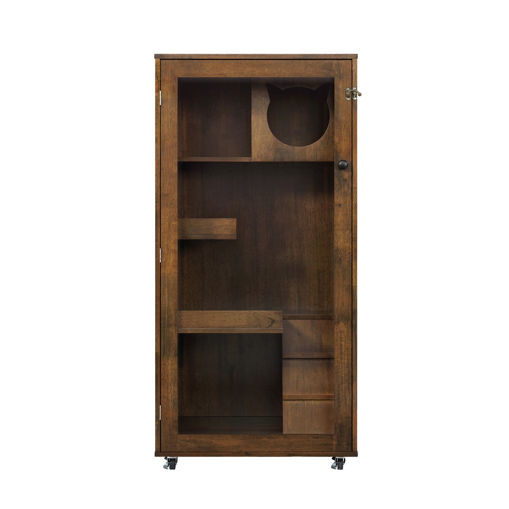 Basia Indoor Rubber Wood Cat Cabinet with Wheels