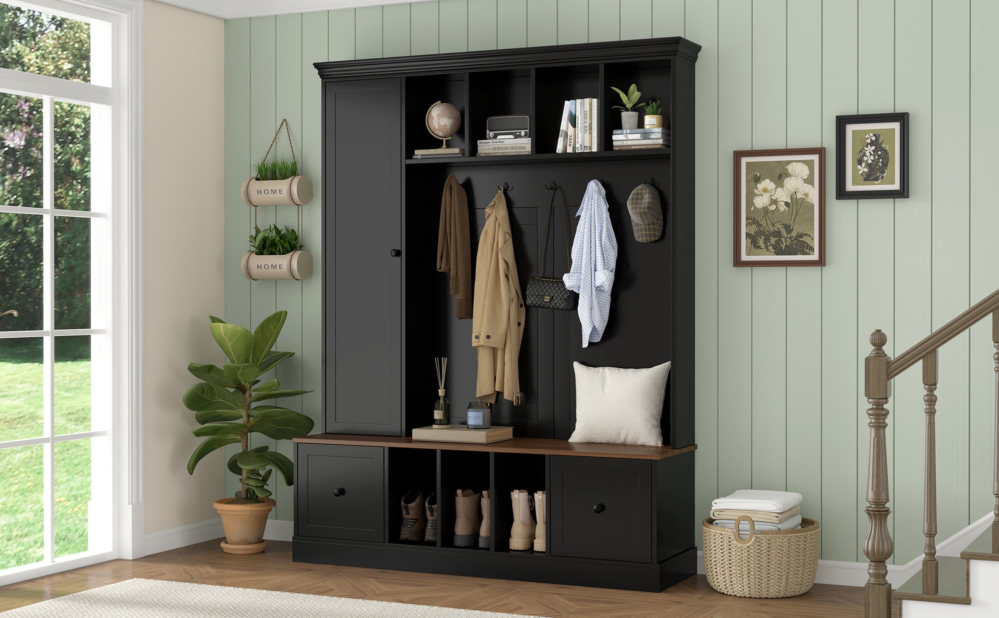 Vibe Haus 62.2''W Farmhouse Hall Tree with Shoe Storage Bench