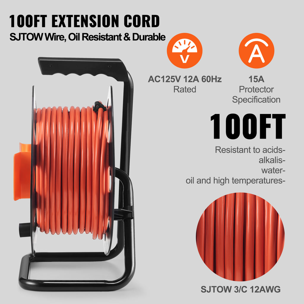 Heavy Duty 100FT Extension Cord Reel with 4 Outlets
