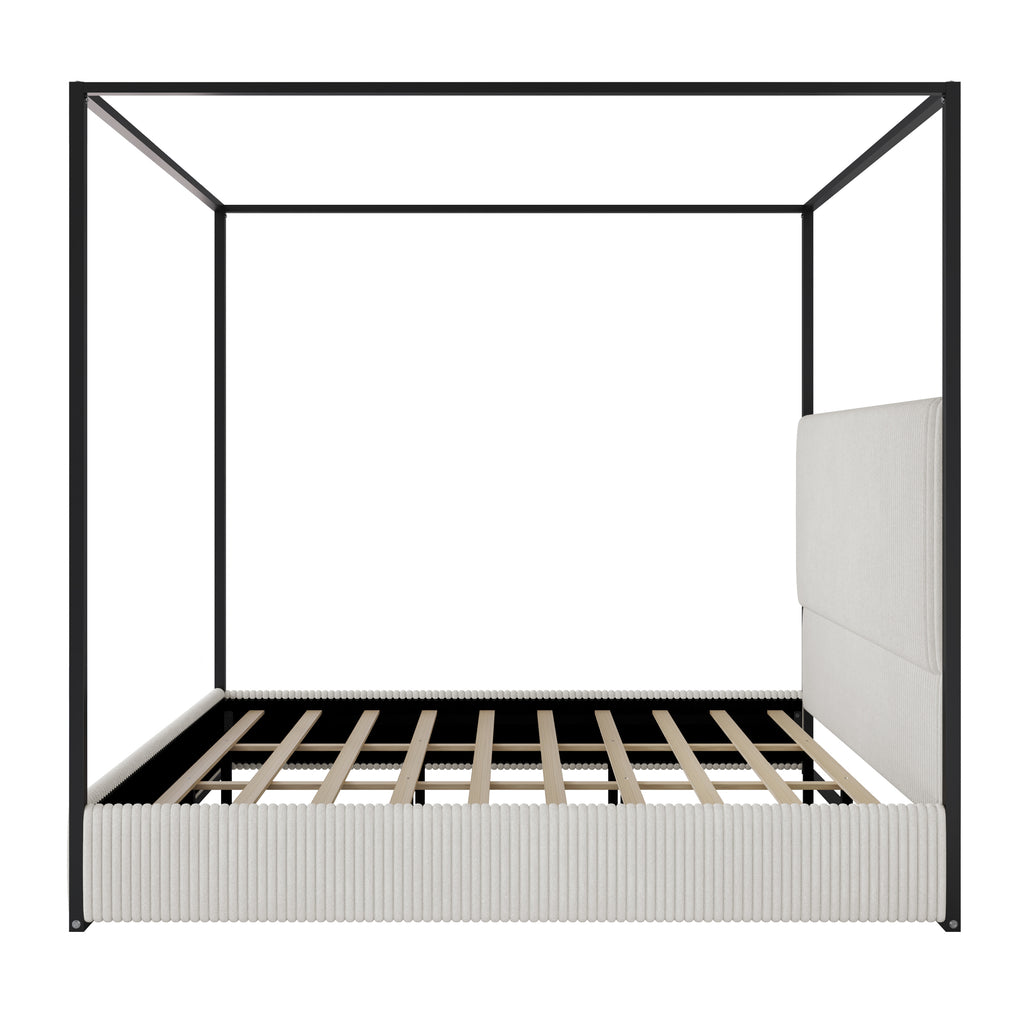 Modern Luxury Metal Canopy Bed with Tall Corduroy Upholstered Headboard