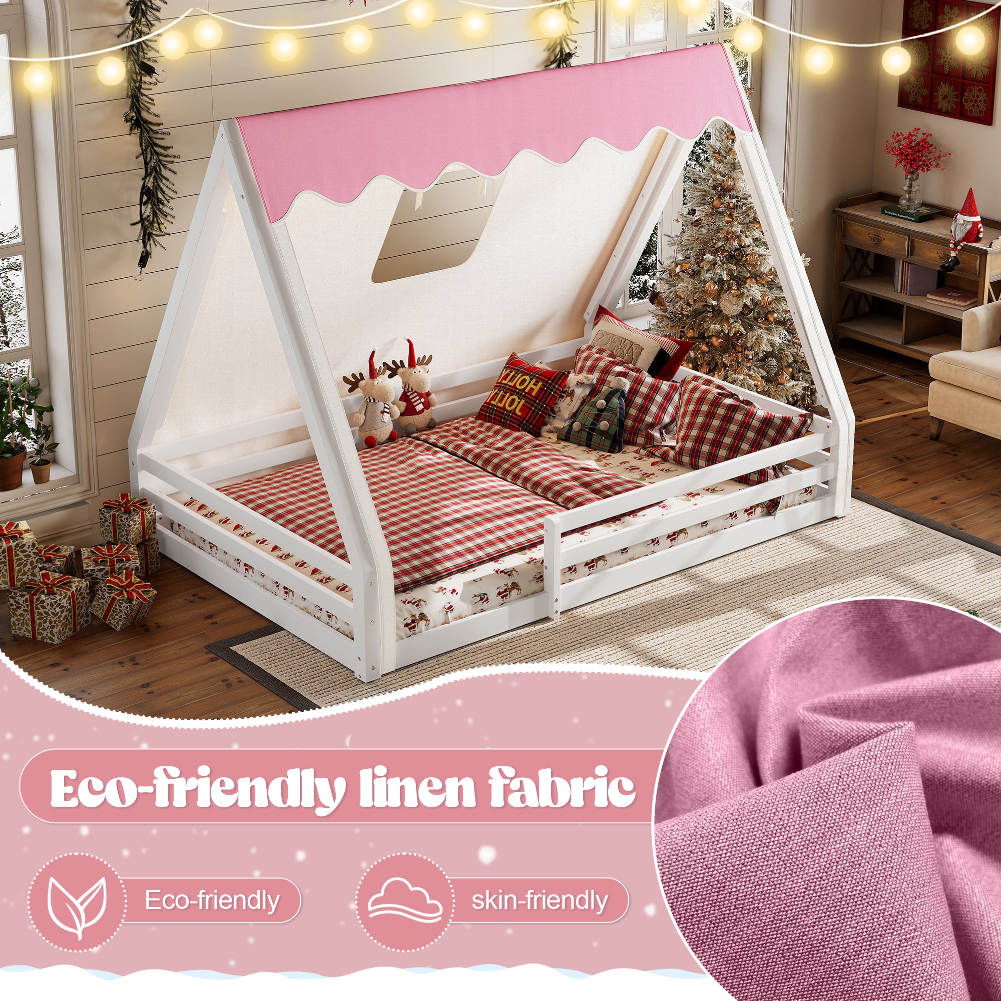 Full Size House Floor Bed with Tent and Light