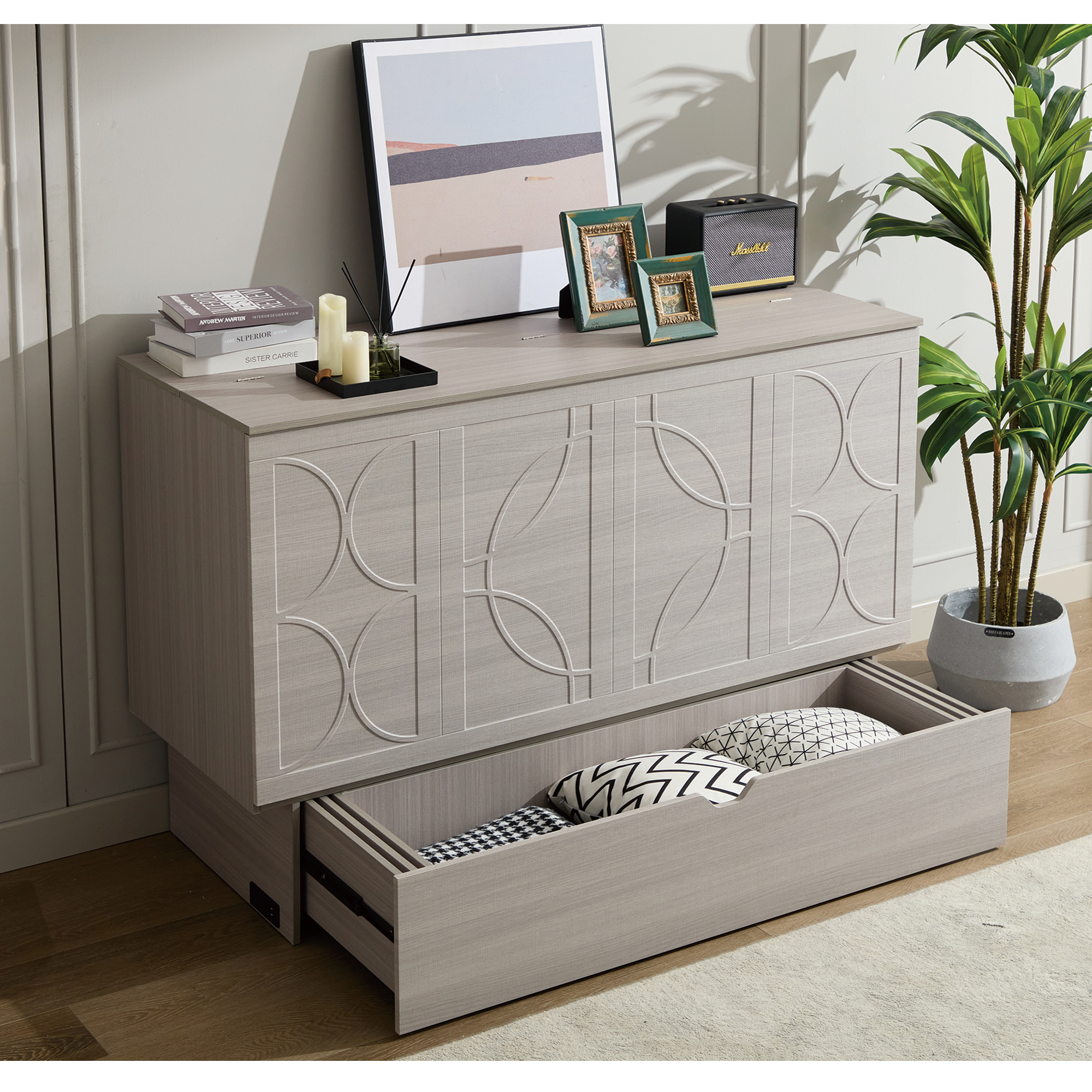 Cabinet Bed with Storage, Queen Bed, Folding Foam Mattress