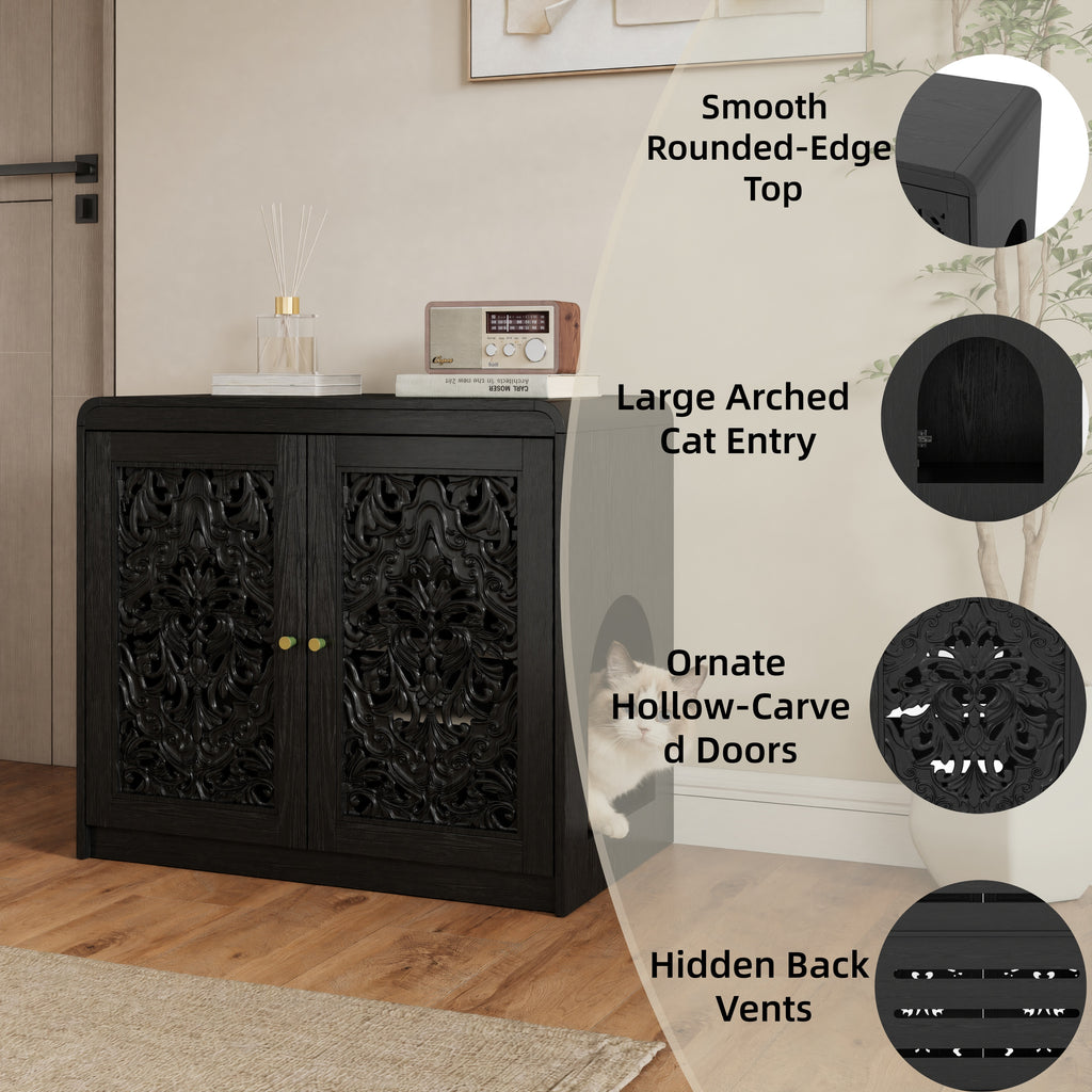 Black Hollow‑Carved Cat Litter Box Enclosure Cabinet, Multi‑Purpose Sideboard with Vent & Large Cat Entry for Living Room & Entryway. Note: Litter box and cat mat not included.