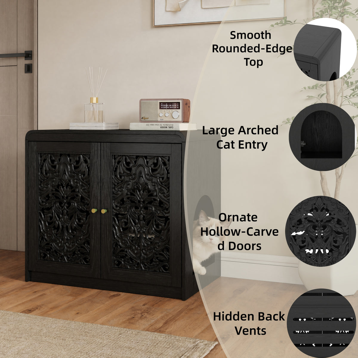 Black Hollow‑Carved Cat Litter Box Enclosure Cabinet, Multi‑Purpose Sideboard with Vent & Large Cat Entry for Living Room & Entryway. Note: Litter box and cat mat not included.