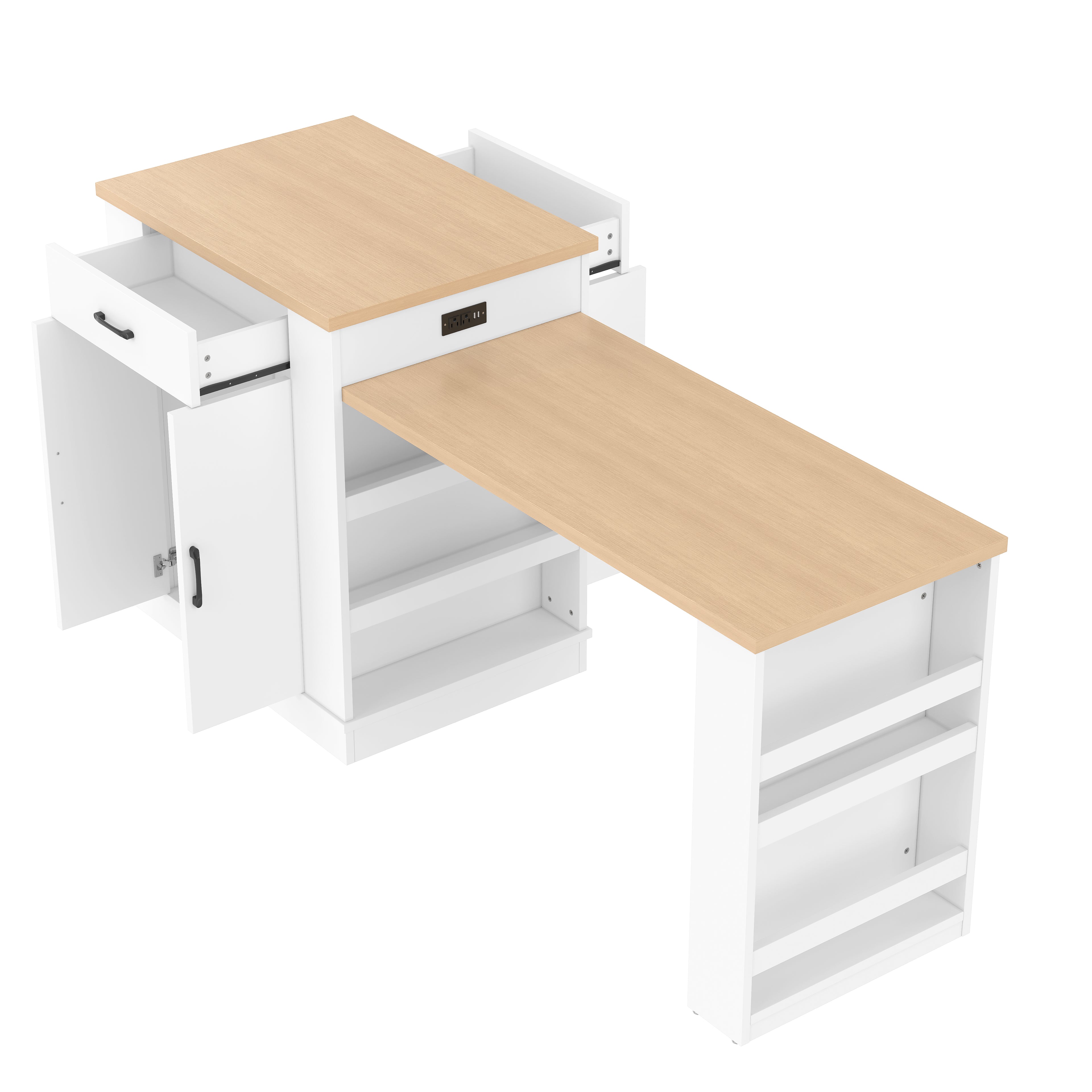 Extendable Island Console with Drawers, Double-Door Cabinet & Open Shelving