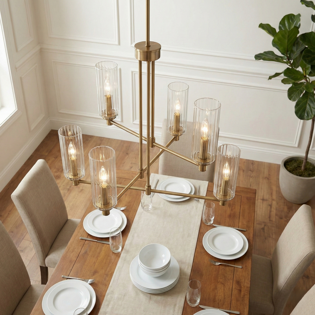 Timeless Six Lights Chandelier With Clear Ribbed Glass - Satin