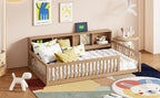 Wood Twin XL Size Floor Bed with Storage Cabinets and USB Ports