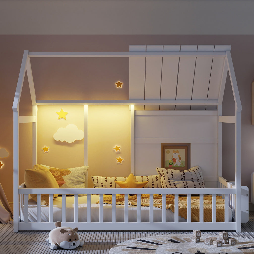 Twin Size House Floor Bed With 7 Colors LED Light
