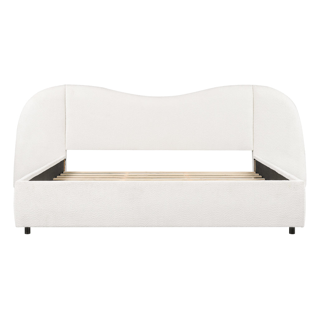 King Size Upholstered Bed Frame With Boucle Fabric Curved Headboard