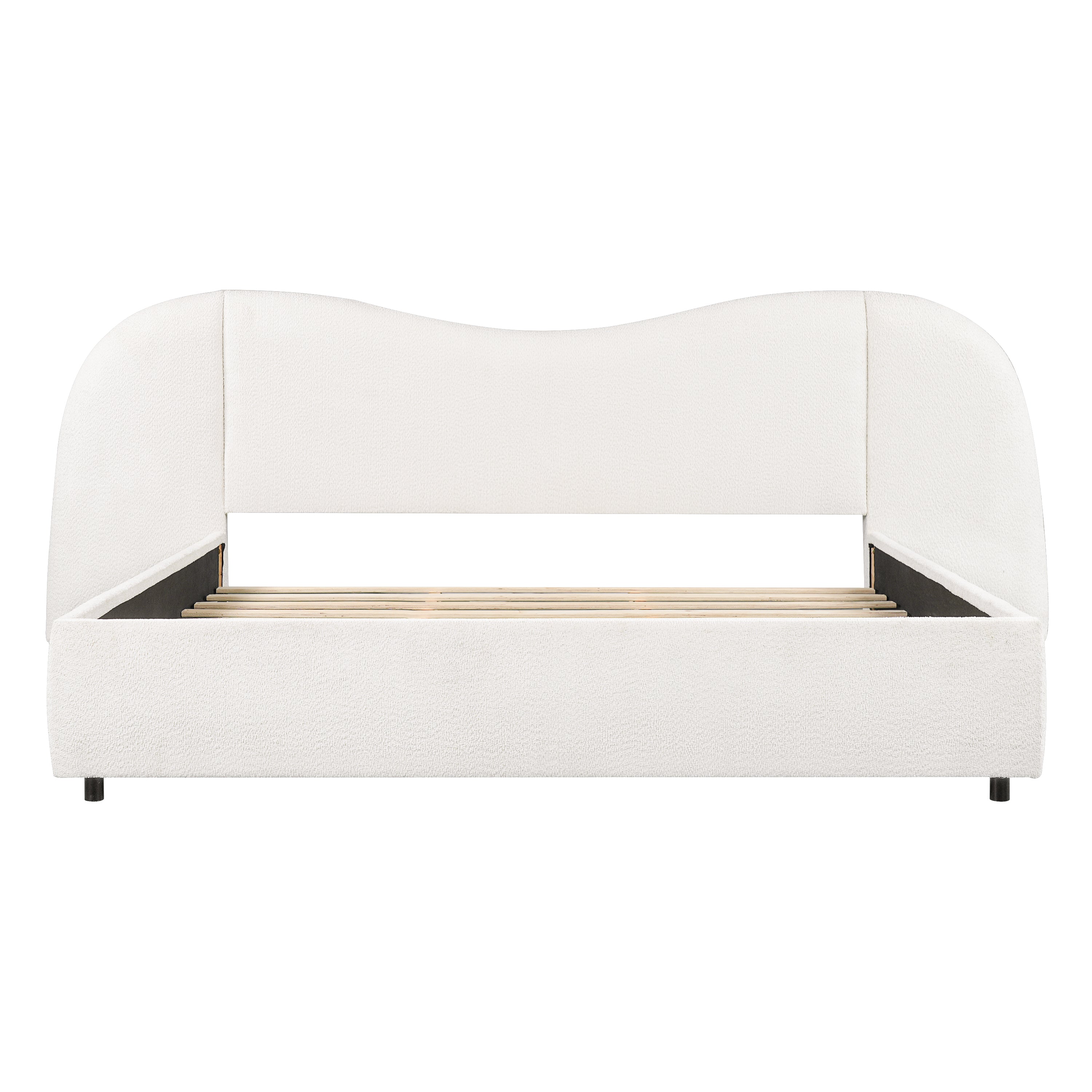 King Size Upholstered Bed Frame With Boucle Fabric Curved Headboard