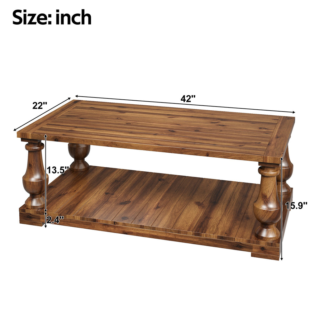 Farmhouse Coffee Table with Storage Shelf, Solid Pine Wood, Walnut