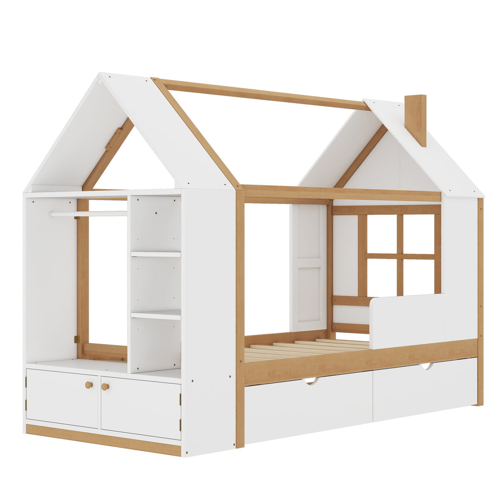 Twin Size House Platform Bed with Drawers and Shelves